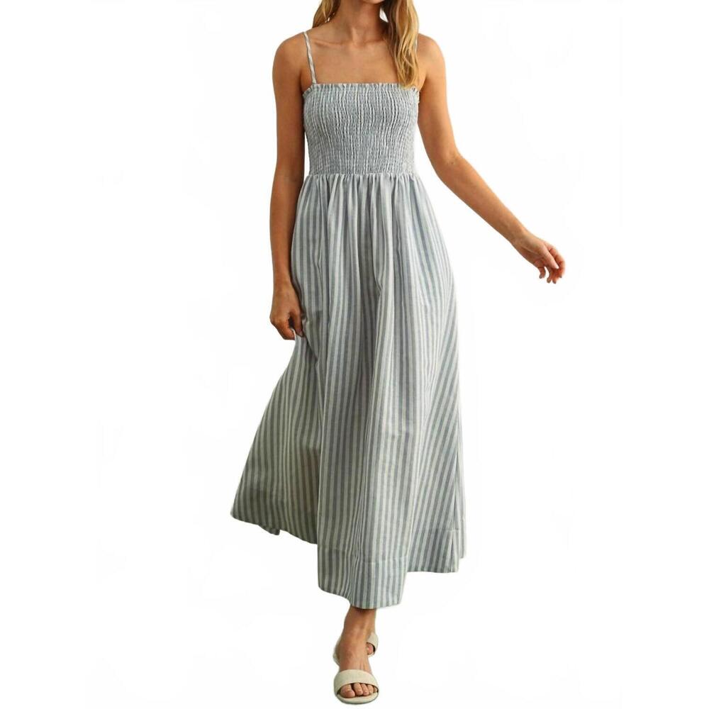 NEW MIOU MUSE cotton striped smock maxi dress in blue